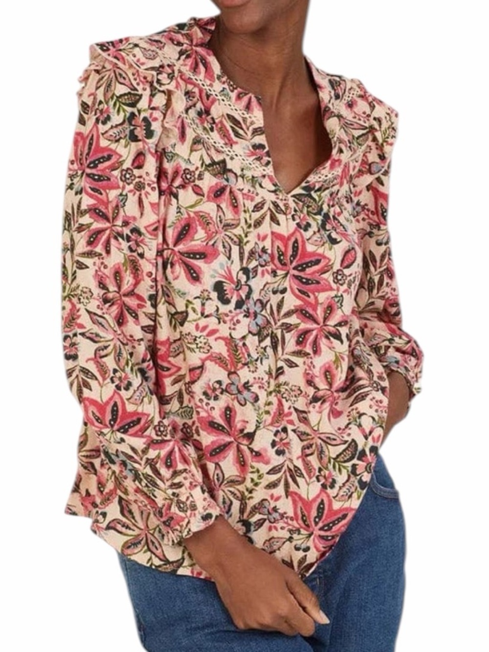 Thought Floral Blouse Size 10 Pink Boho Ruffle Neck EcoVero Top